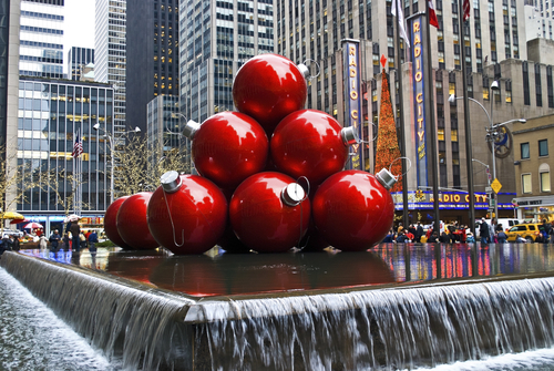 Red holiday ornaments on display in New York City